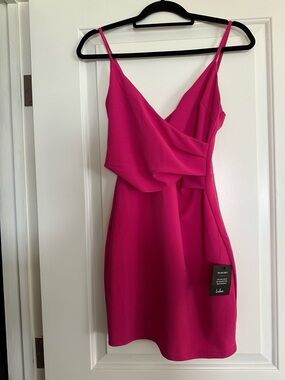 Lulu’s Fuchsia Spaghetti Strap Wrap-Front Dress.